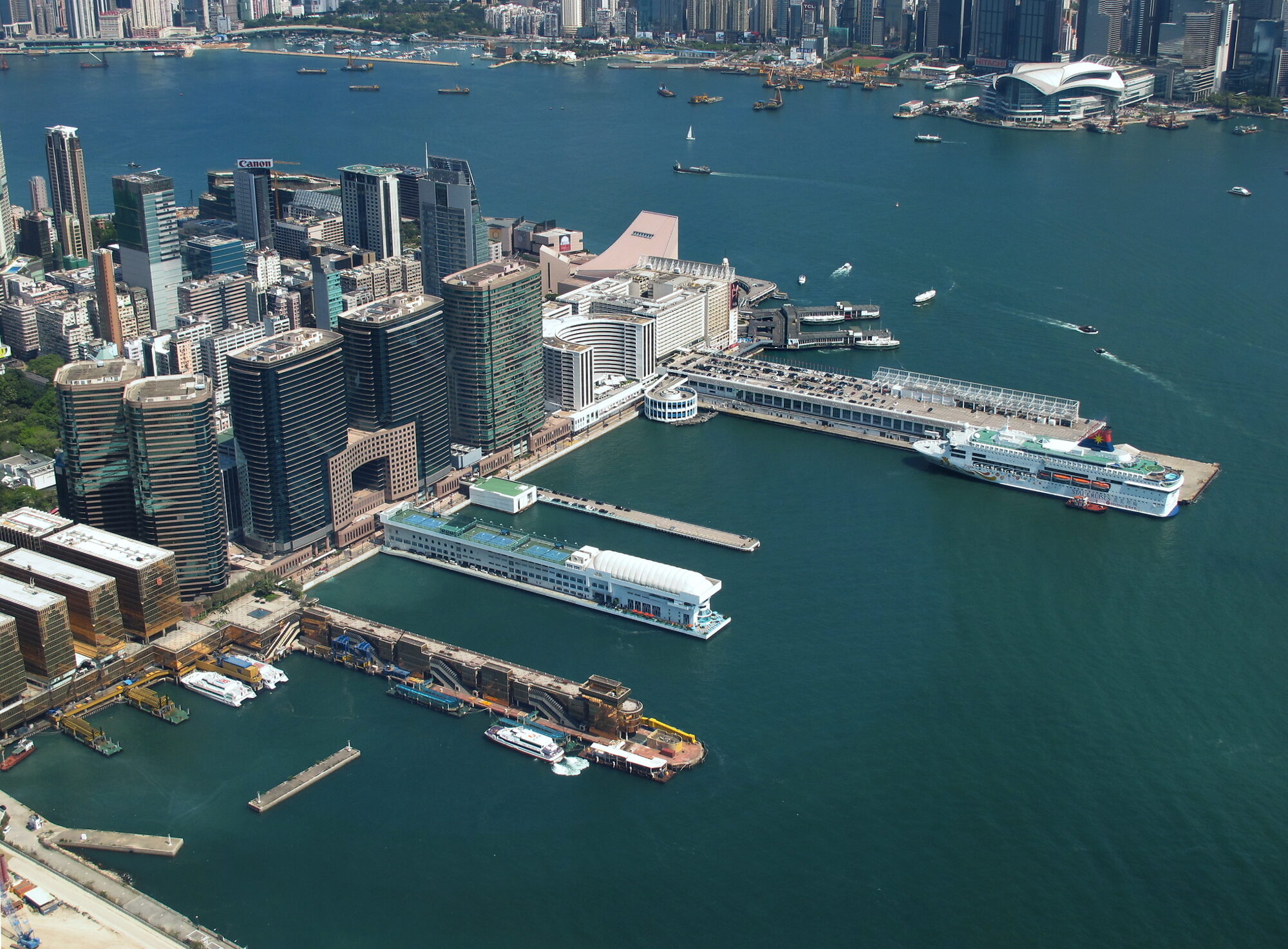 Aerial view over Harbour City and Victoria Harbour, the view from the BSOL office in Tsim Sha Tsui